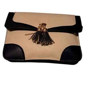 Urban Energy Crossbody/ Handbag / Clutch.  Small. Beige with Dark Blue Trim.
